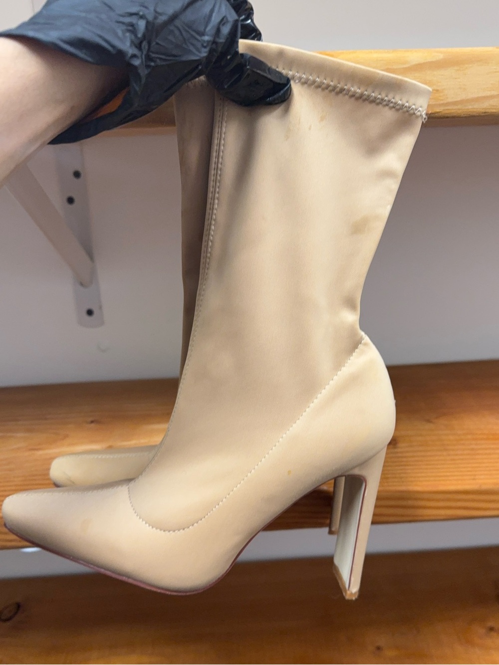 Women's Beige Stretch Sock Boot with Pointed Toe and Block Heel